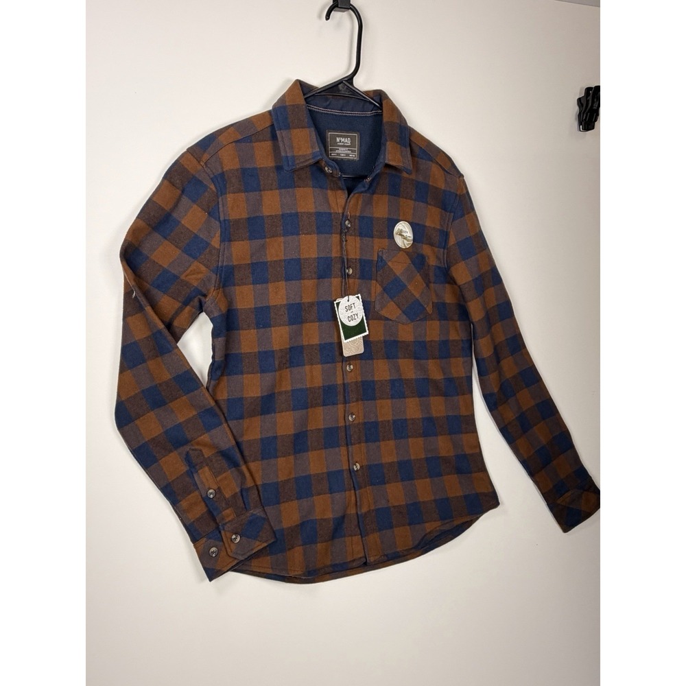 Nomad Outdoor Mens Flannel Checked‎ Brown Blue Button Up Shirt Sz S